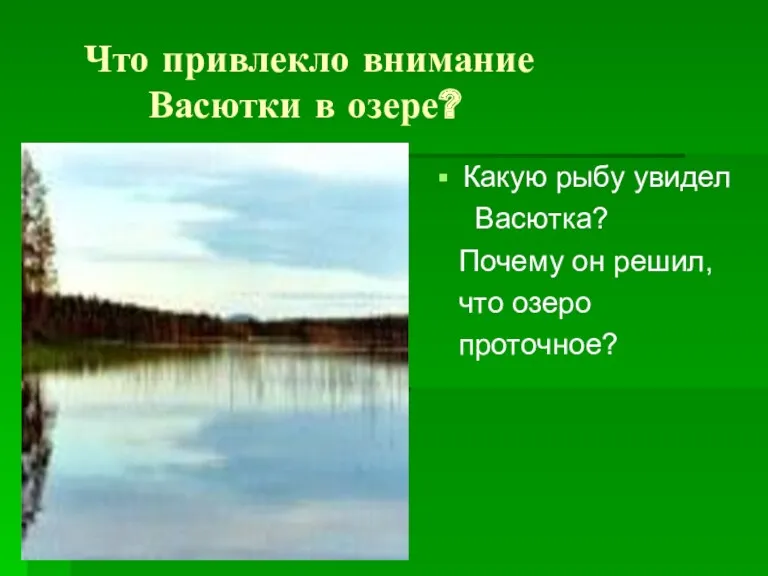 Что привлекло внимание Васютки в озере? Какую рыбу увидел Васютка? Почему он решил, что озеро проточное?
