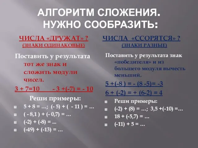 АЛГОРИТМ СЛОЖЕНИЯ. НУЖНО СООБРАЗИТЬ: ЧИСЛА «ДРУЖАТ» ? (ЗНАКИ ОДИНАКОВЫЕ) ЧИСЛА