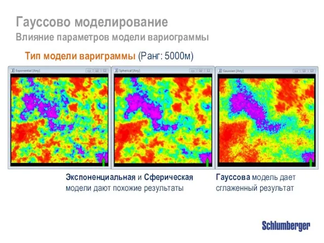 Экспоненциальная и Сферическая модели дают похожие результаты Гауссова модель дает сглаженный результат Гауссово