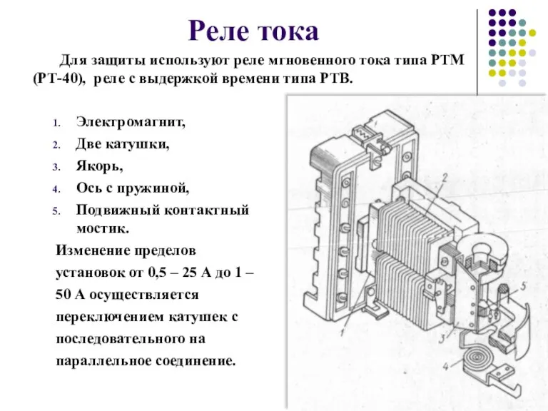 Реле тока Электромагнит, Две катушки, Якорь, Ось с пружиной, Подвижный