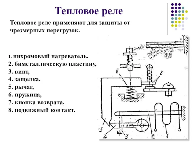 Тепловое реле 1. нихромовый нагреватель, 2. биметаллическую пластину, 3. винт,