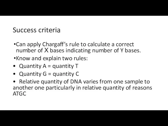 Success criteria Can apply Chargaff’s rule to calculate a correct