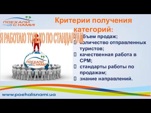 объем продаж; количество отправленных туристов; качественная работа в СРМ; стандарты