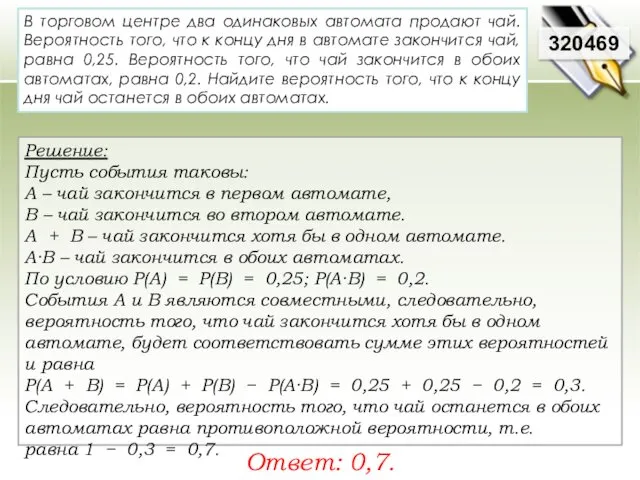 320469 Решение: Пусть события таковы: А – чай закончится в первом автомате, В