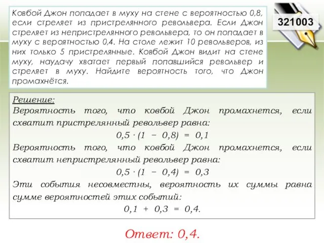 321003 Решение: Вероятность того, что ковбой Джон промахнется, если схватит пристрелянный револьвер равна: