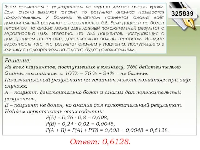 Решение: Из всех пациентов, поступивших в клинику, 76% действительно больны гепатитом, а 100%