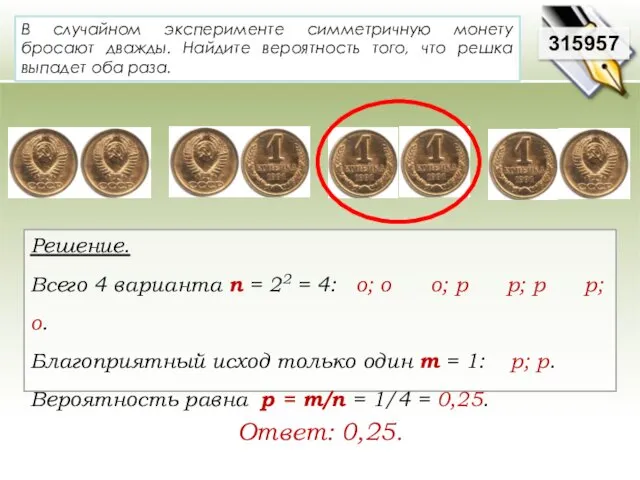 В случайном эксперименте симметричную монету бросают дважды. Найдите вероятность того, что решка выпадет