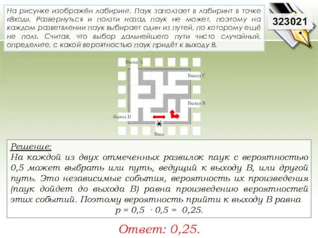 Решение: На каждой из двух отмеченных развилок паук с вероятностью 0,5 может выбрать