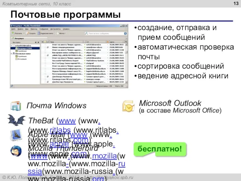 Почтовые программы Почта Windows Microsoft Outlook (в составе Microsoft Office)