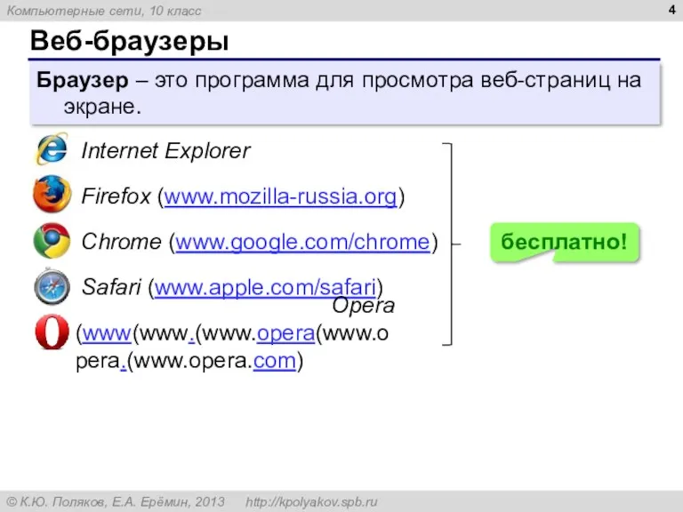 Веб-браузеры Браузер – это программа для просмотра веб-страниц на экране.