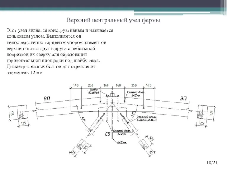 Верхний центральный узел фермы Этот узел является конструктивным и называется