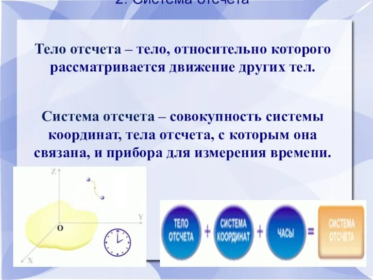 2. Система отсчета Тело отсчета – тело, относительно которого рассматривается движение других тел.