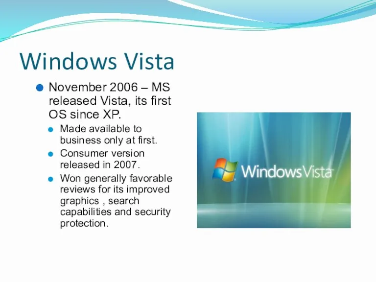 Windows Vista November 2006 – MS released Vista, its first