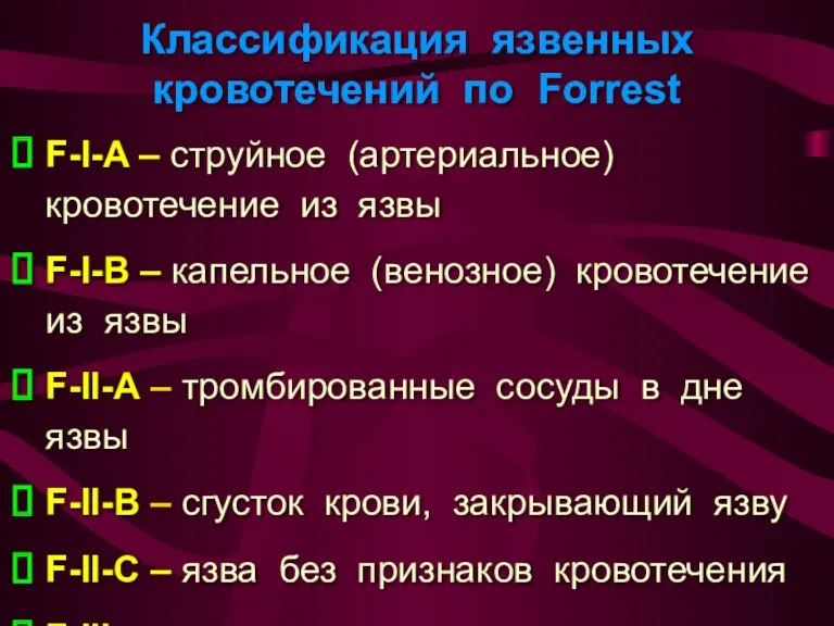 Классификация язвенных кровотечений по Forrest F-I-A – струйное (артериальное) кровотечение