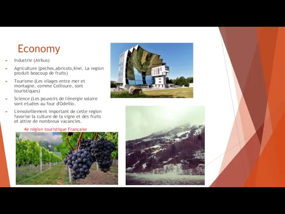 Economy Industrie (Airbus) Agriculture (peches,abricots,kiwi. La region produit beacoup de