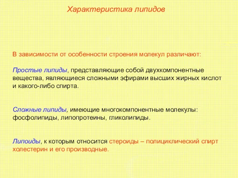 Характеристика липидов В зависимости от особенности строения молекул различают: Простые