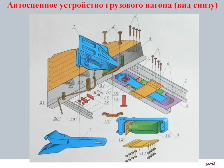 Автосцепное устройство грузового вагона (вид снизу)