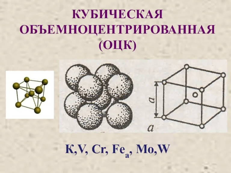 КУБИЧЕСКАЯ ОБЪЕМНОЦЕНТРИРОВАННАЯ (ОЦК) К,V, Сr, Fеа, Мо,W