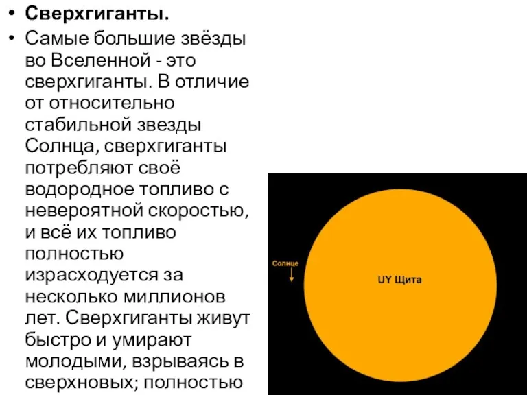 Сверхгиганты. Самые большие звёзды во Вселенной - это сверхгиганты. В