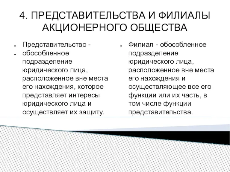 4. ПРЕДСТАВИТЕЛЬСТВА И ФИЛИАЛЫ АКЦИОНЕРНОГО ОБЩЕСТВА Представительство - обособленное подразделение