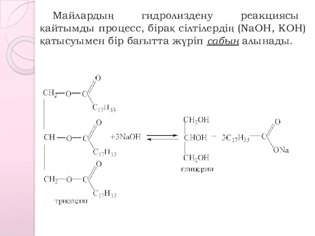 Майлардың гидролиздену реакциясы қайтымды процесс, бірақ сілтілердің (NaOH, KOH) қатысуымен бір бағытта жүріп сабын алынады.
