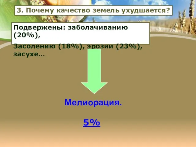 Мелиорация. 3. Почему качество земель ухудшается? Подвержены: заболачиванию (20%), Засолению (18%), эрозии (23%), засухе… 5%