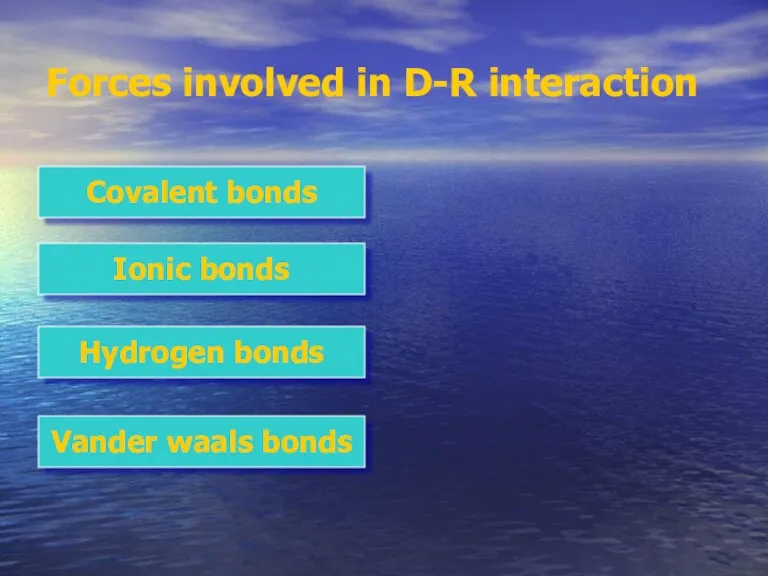 Forces involved in D-R interaction Covalent bonds Ionic bonds Hydrogen bonds Vander waals bonds