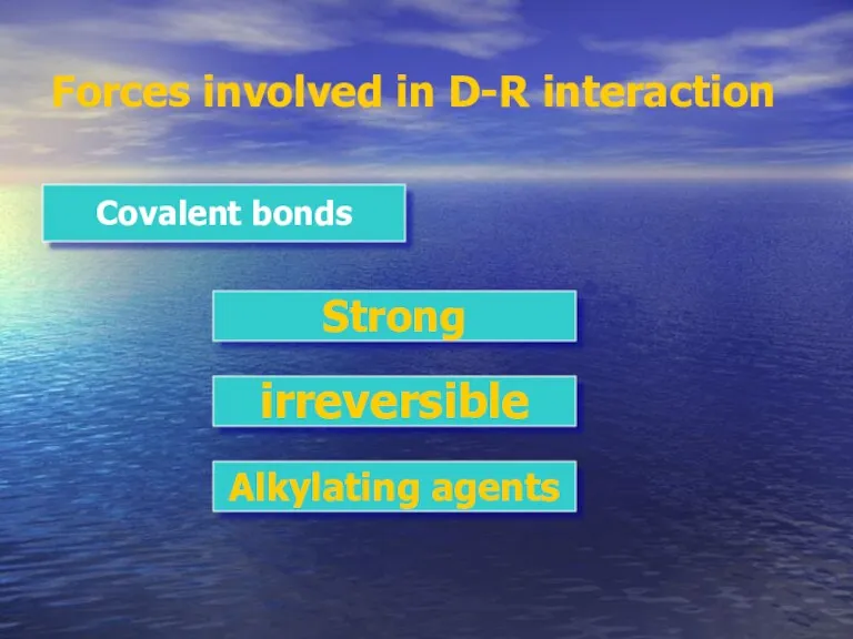 Forces involved in D-R interaction Covalent bonds Strong irreversible Alkylating agents