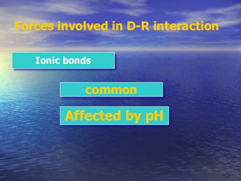 Forces involved in D-R interaction Ionic bonds common Affected by pH