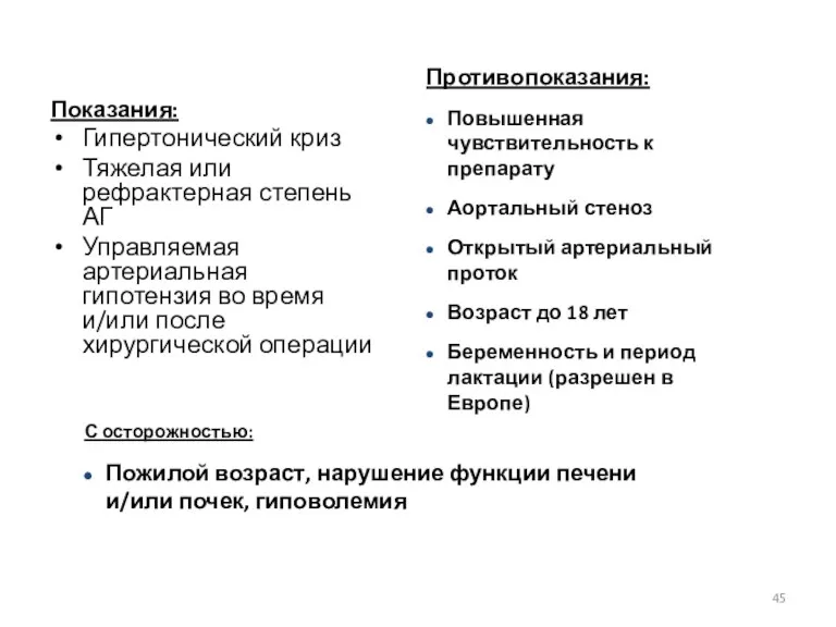 Показания: Гипертонический криз Тяжелая или рефрактерная степень АГ Управляемая артериальная