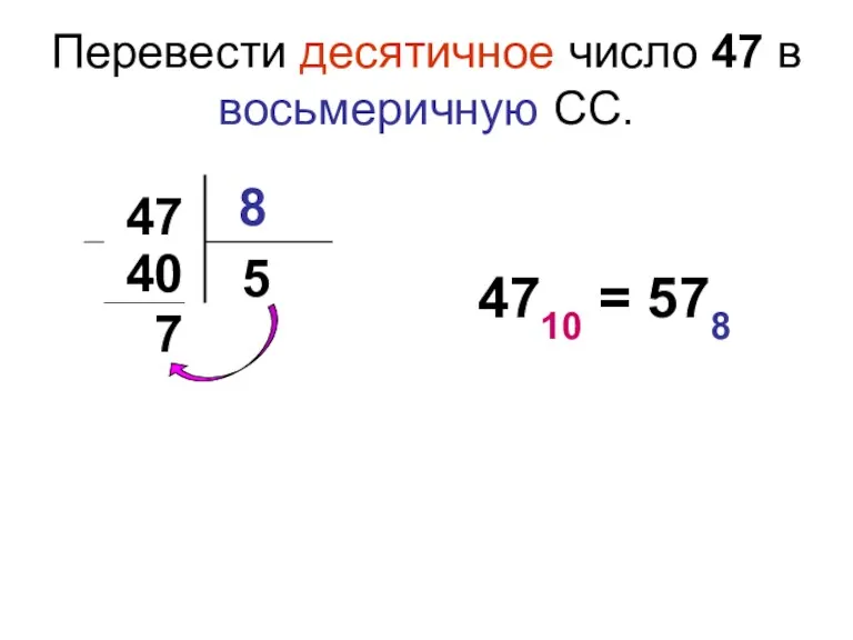 Перевести десятичное число 47 в восьмеричную СС. 4710 = 578