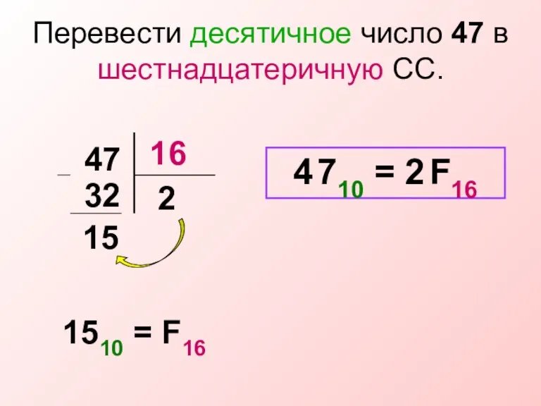 Перевести десятичное число 47 в шестнадцатеричную СС. 1510 = F16 4 710 = 2 F16
