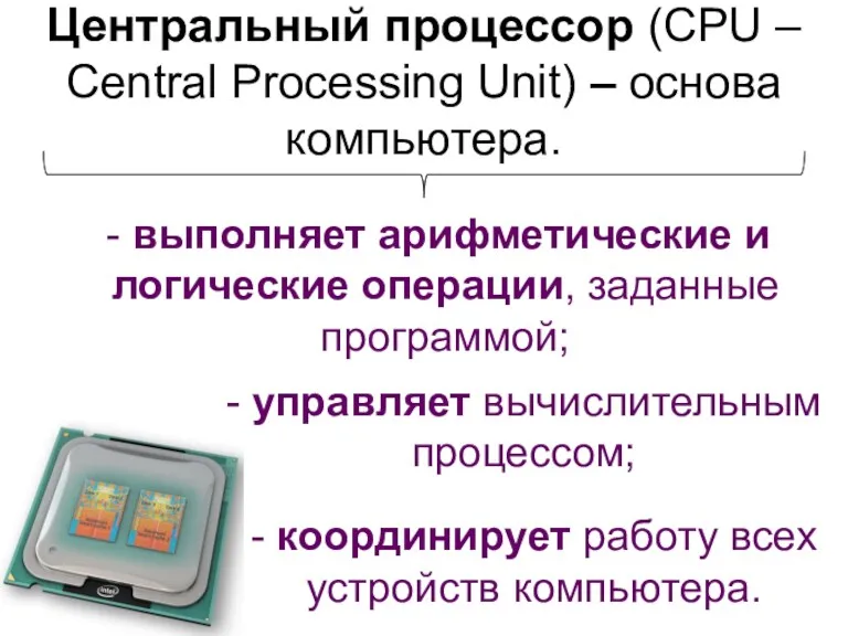 Центральный процессор (CPU – Central Processing Unit) – основа компьютера.