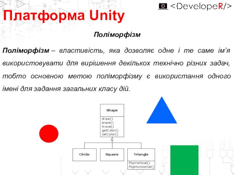 Платформа Unity Поліморфізм Поліморфізм – властивість, яка дозволяє одне і те саме ім’я