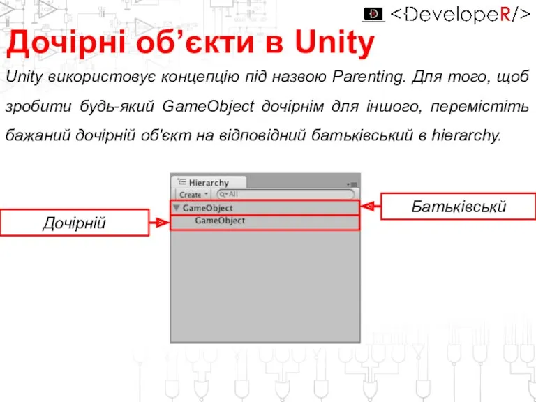 Unity використовує концепцію під назвою Parenting. Для того, щоб зробити будь-який GameObject дочірнім