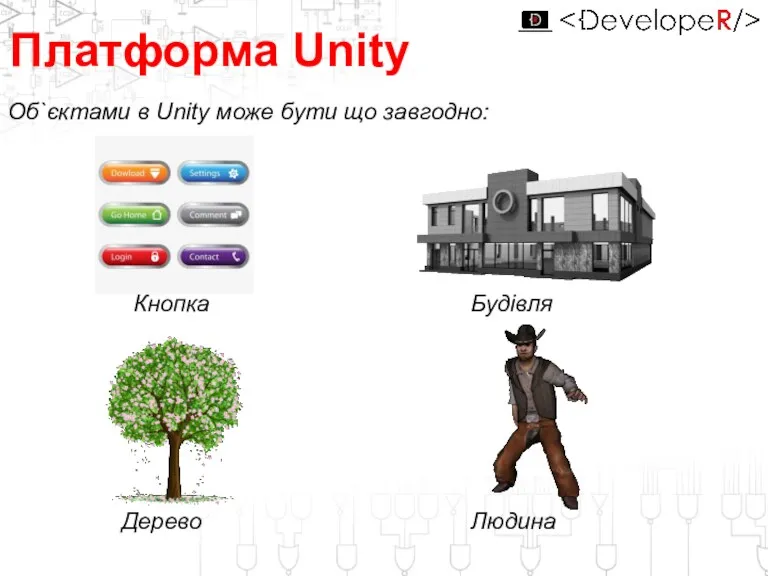 Платформа Unity Об`єктами в Unity може бути що завгодно: Дерево Будівля Людина Кнопка
