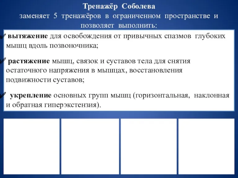 Тренажёр Соболева заменяет 5 тренажёров в ограниченном пространстве и позволяет