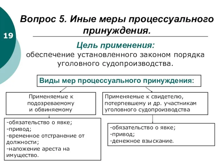 Вопрос 5. Иные меры процессуального принуждения. 19 Цель применения: обеспечение установленного законом порядка