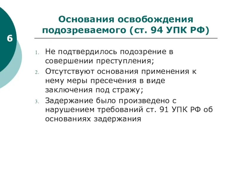 Основания освобождения подозреваемого (ст. 94 УПК РФ) Не подтвердилось подозрение в совершении преступления;