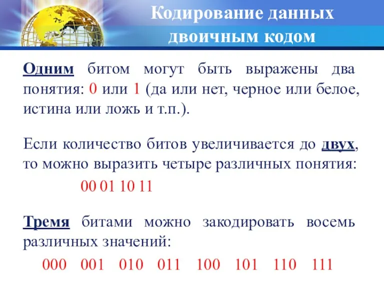 Кодирование данных двоичным кодом Одним битом могут быть выражены два