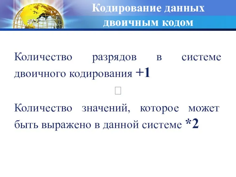 Кодирование данных двоичным кодом Количество разрядов в системе двоичного кодирования