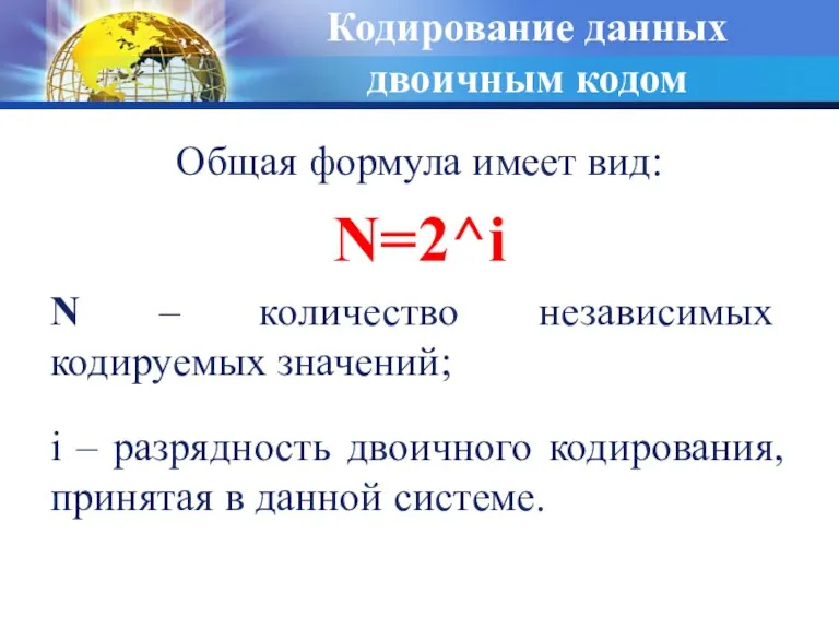 Кодирование данных двоичным кодом Общая формула имеет вид: N=2^i N