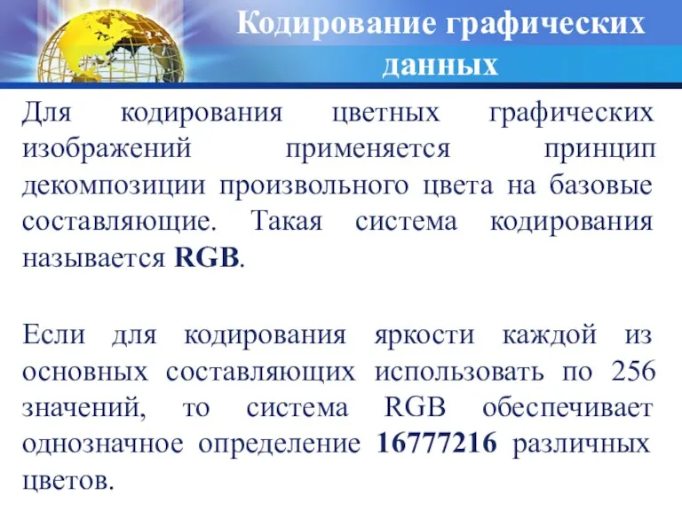 Кодирование графических данных Для кодирования цветных графических изображений применяется принцип