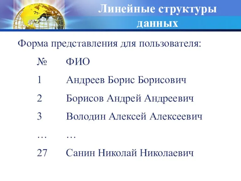 Линейные структуры данных Форма представления для пользователя: № ФИО 1