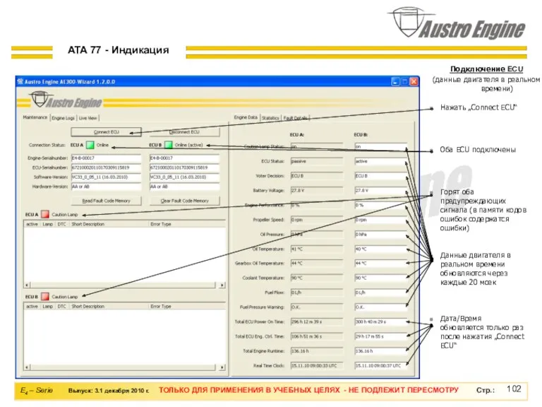 Дата/Время обновляется только раз после нажатия „Connect ECU“ Данные двигателя