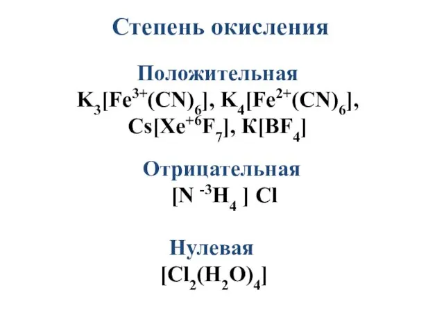 Степень окисления Положительная K3[Fe3+(CN)6], K4[Fe2+(CN)6], Cs[Xe+6F7], К[BF4] Отрицательная [N -3H4 ] Cl Нулевая [Cl2(H2O)4]