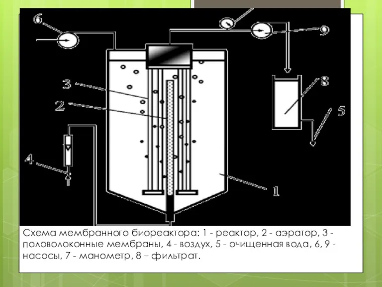 Схема мембранного биореактора: 1 - реактор, 2 - аэратор, 3