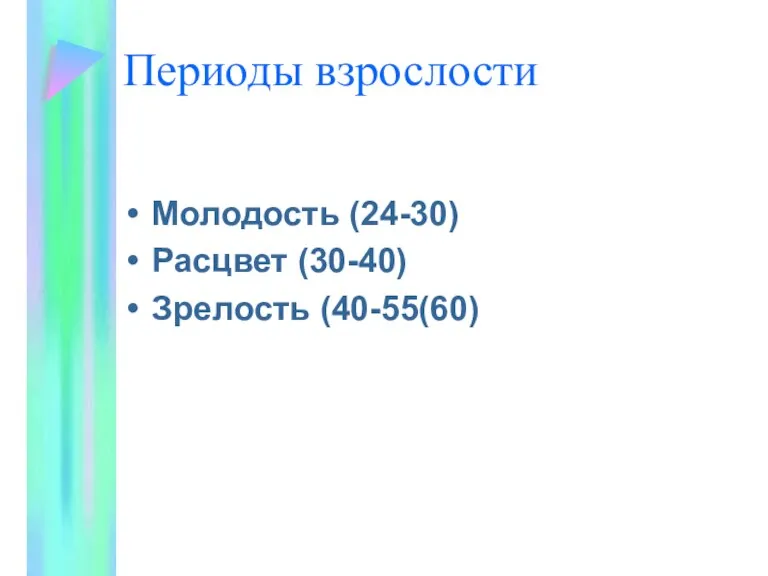 Периоды взрослости Молодость (24-30) Расцвет (30-40) Зрелость (40-55(60)