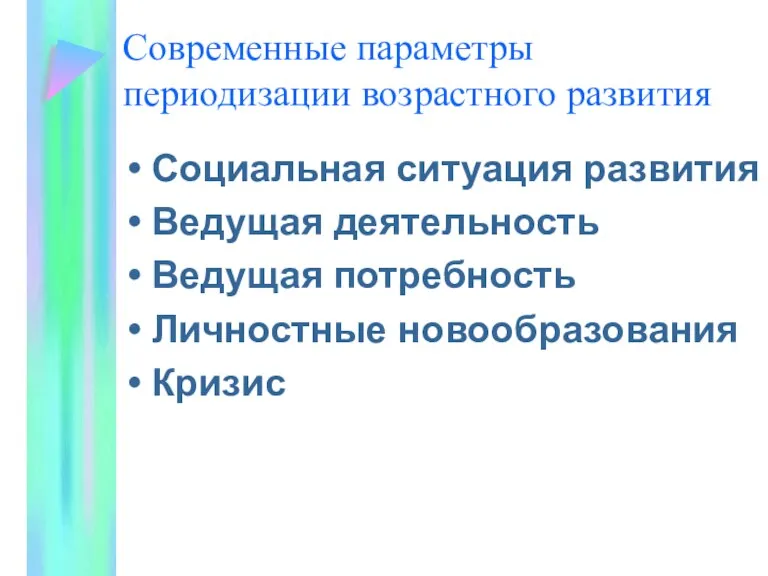 Современные параметры периодизации возрастного развития Социальная ситуация развития Ведущая деятельность Ведущая потребность Личностные новообразования Кризис