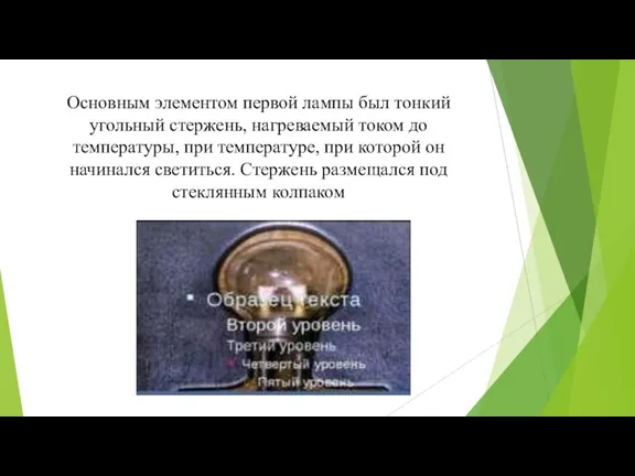 Основным элементом первой лампы был тонкий угольный стержень, нагреваемый током